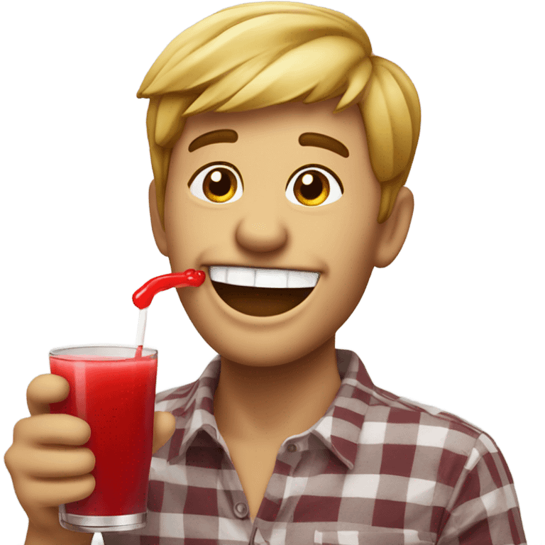 Happy guy with red juice spilling from corner of mouth emoji