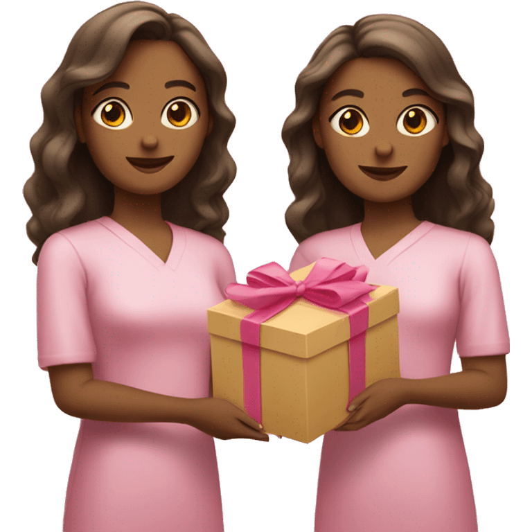 Two tan girls holding a pink small boxes emoji