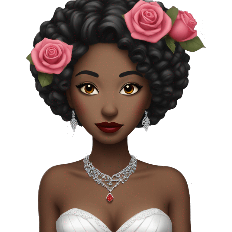 African bride. Pink makeup. Short black curly hair. Silver jewelry. Holding red roses. Eyes closed. emoji