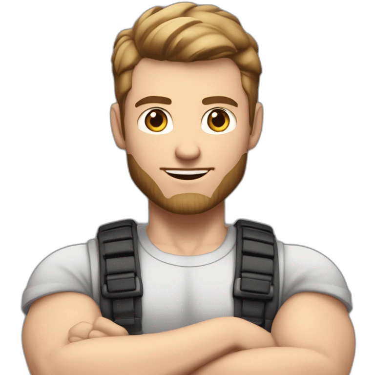 Close up Actively gesturing  with hands Pale skinned Fit Man With the biceps and brown hair in dark gray Sleeveless Mike, black oversize sports shorts, watch and white Sneakers emoji