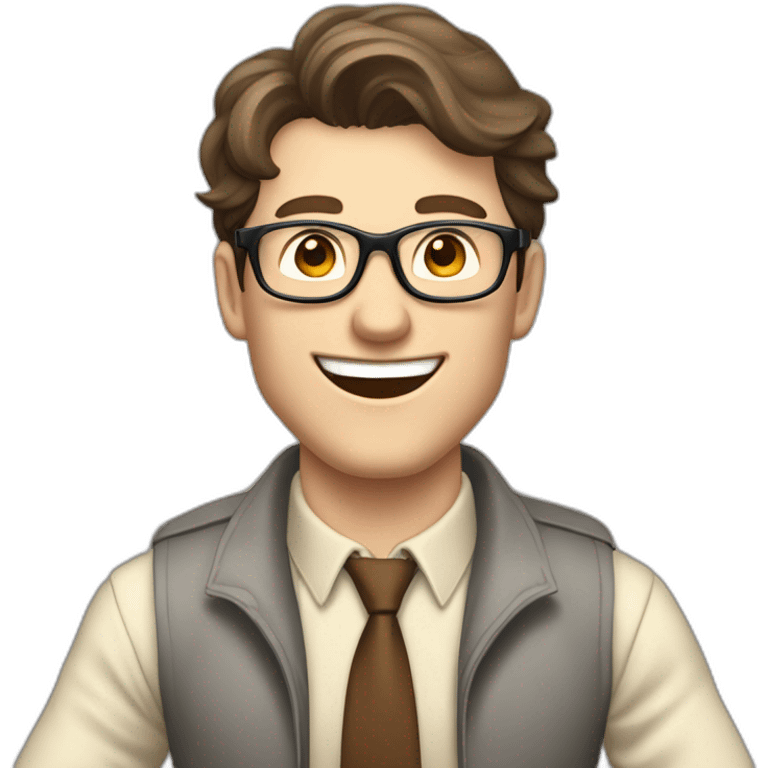 Joyful Celebrating victory Hands up Pale skinned Fit Man With dark brown hair in gray jacket, beige office shirt, Brown pants and vintage glasses sitting In a soft chair emoji