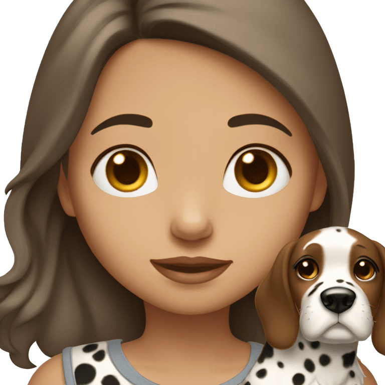 A brown with medium to long hair girl closes her eyes and holds a Dalmatian dog emoji