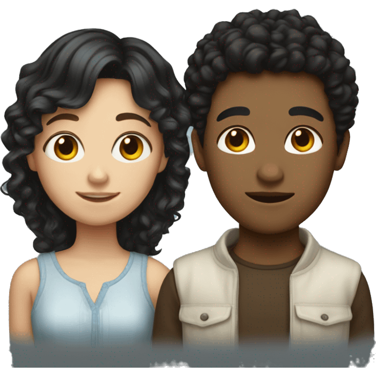 Girl with black hair and boy with brown curly hair both white emoji