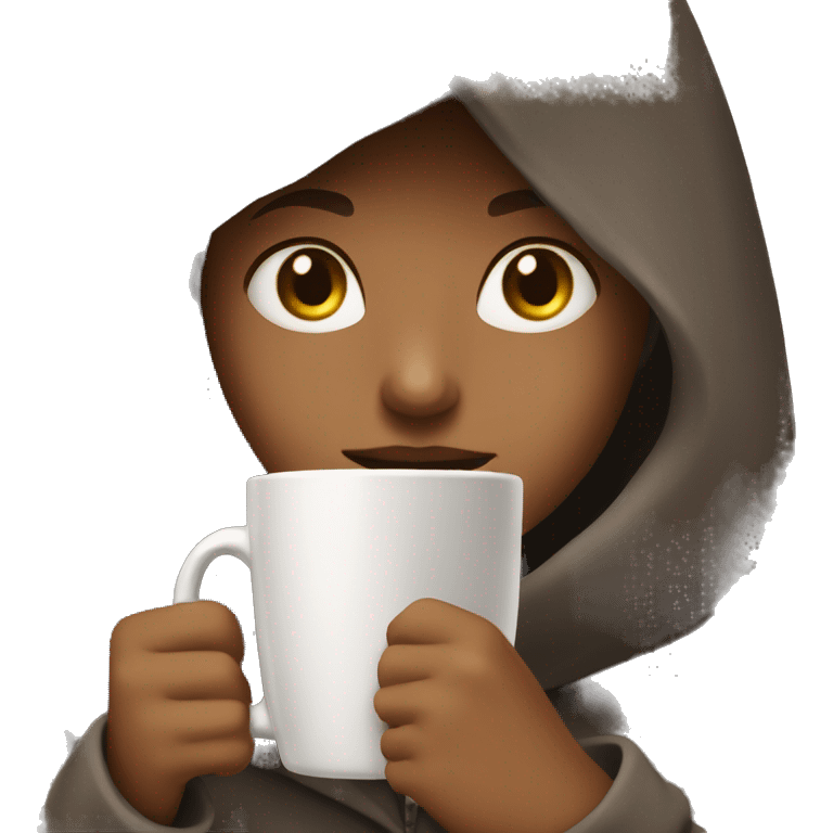 “The girl with the hood is drinking coffee.” emoji