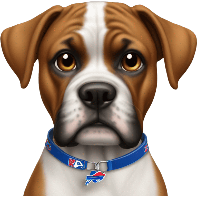 A dog, boxer, wearing buffalo bills gear necklace  emoji