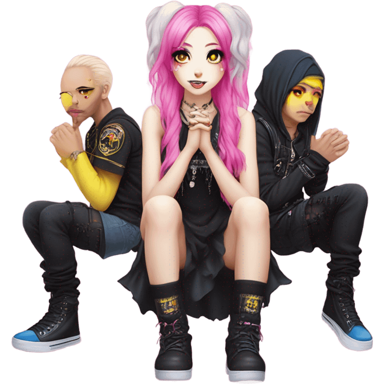 Blue eyed long eye lashes pout blonde and pink hair pale hime gyaru girl, hot pink and yellow split-dyed hair, nose ring, elf ears, dark makeup, punk clothes standing next to three diffrent men praying on their knees emoji