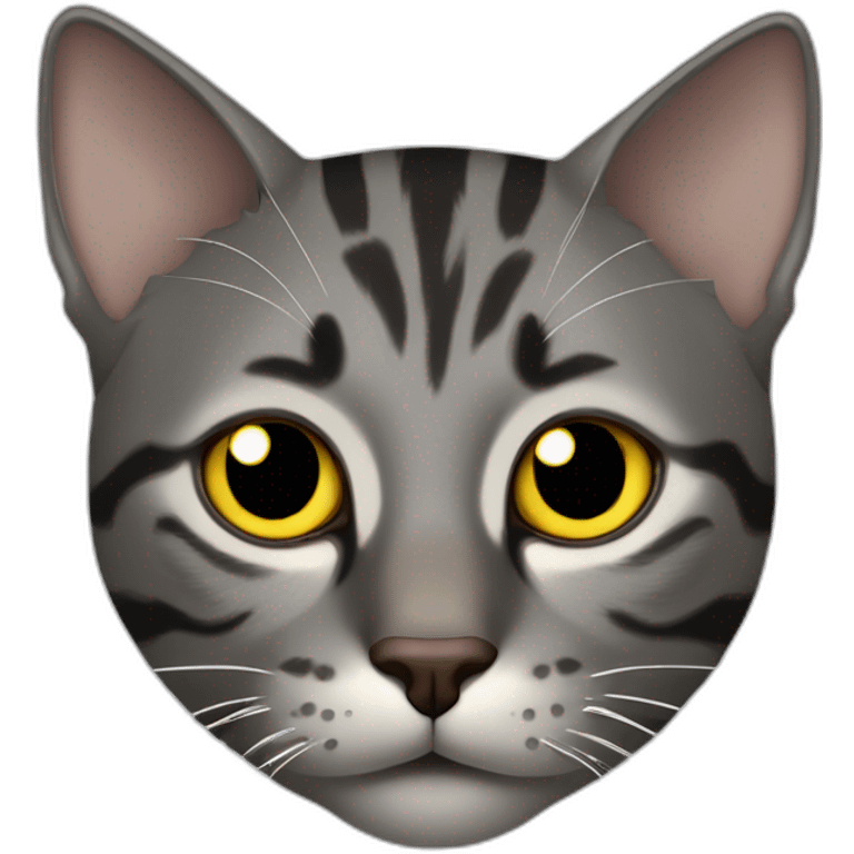 dark gray tabby cat with yellow eyes, black nose, some brown around mouth, brown around mouth, tip of left ear cut off emoji