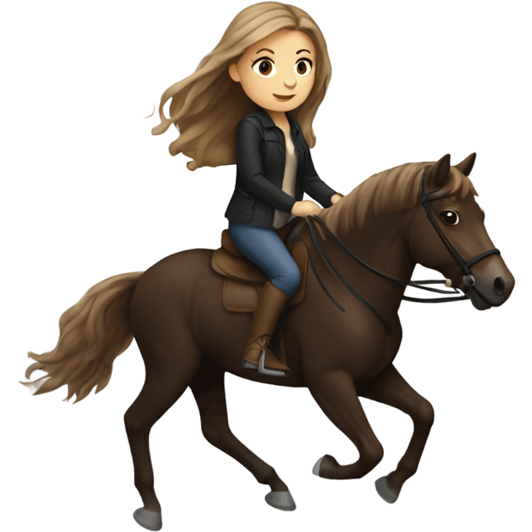 Girl with light brown hair riding a dark brown horse with dark brown hair  emoji