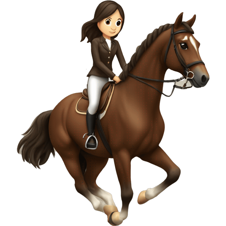 Calm brunette girl doing show jumping on a brown horse in profile emoji