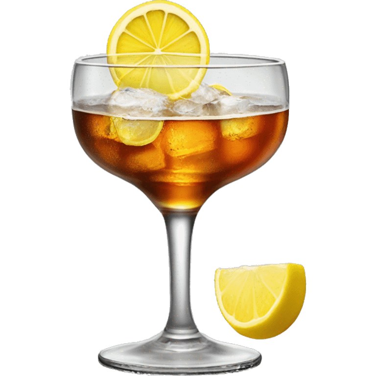 A glass of jagermeisteir with an ice cub and a slice of lemon emoji