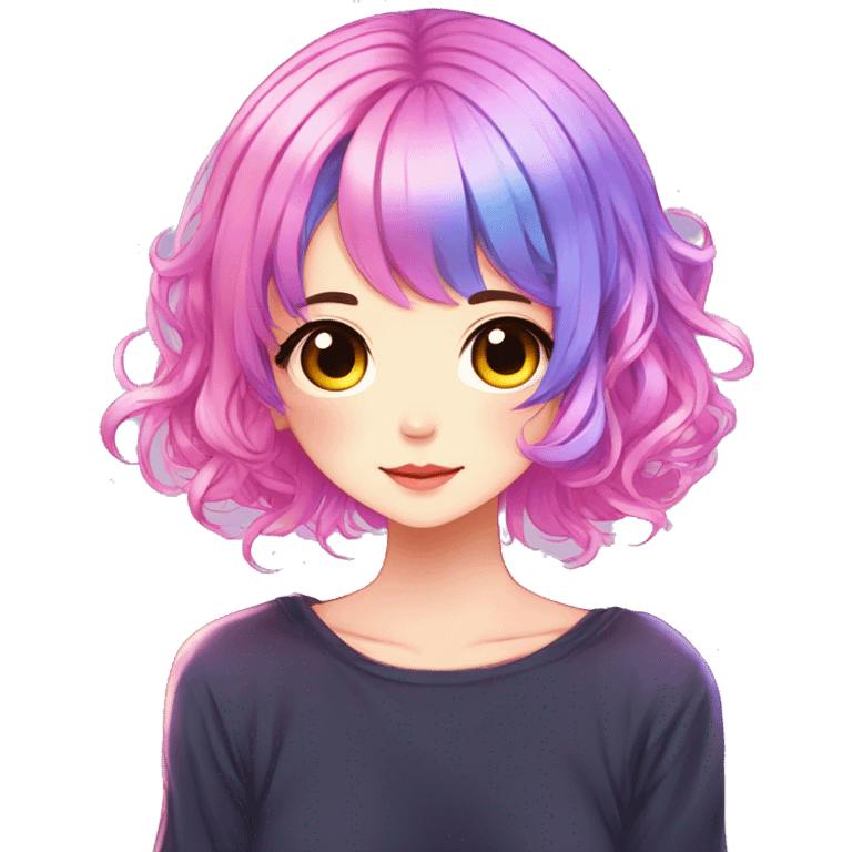 Gorgeous anime style shojo character with blushing face aesthetic and pretty colorful shiny gradient neon hair with hair garment trending style emoji