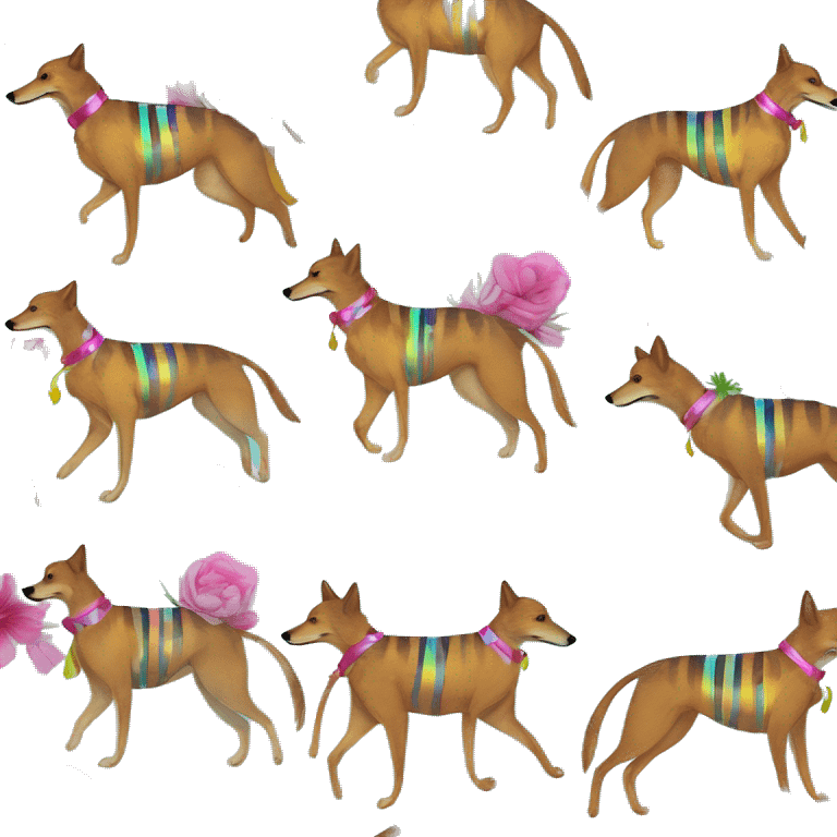  brindle brown black maroon striped lurcher Alsatian fox running blue eyes and iridescent holographic oilslick harness wearing paper iridescent tropical flower crown yellow caution tape emoji