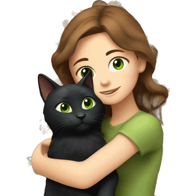 Blue-eyed, brown-haired girl hugging black cat with green eyes emoji