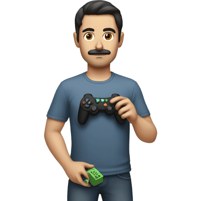 dark hair dark eye man with short mustache holding game controller emoji