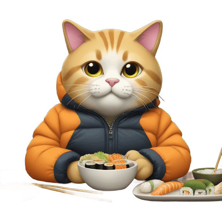 cat in a big puffy jacket eating sushi emoji