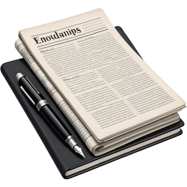 Create an emoji representing journalism and publicistic writing. The design should feature a stack of newspapers, an open notebook with visible text, and a single fountain pen placed near the notebook, symbolizing the act of writing. Use neutral, professional colors like black, white, and muted tones to convey a sense of seriousness and intellect. Do not include any emojis or smiley faces. Make the background transparent. emoji