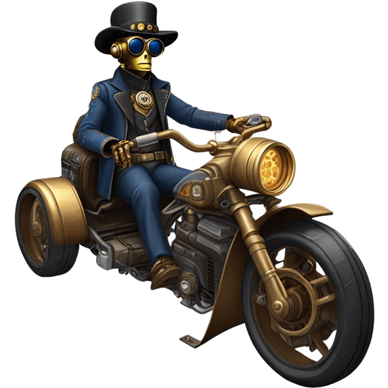 Bounty hunter C-3PO Jedi wearing a pair of navy-blue rimmed steampunk goggles, hat, leather chaps, fringe jacket riding a relaxed sci-fi 3 wheeler reverse-trike steampunk rat rod motorcycle with large fenders and saddlebags in desert town  emoji