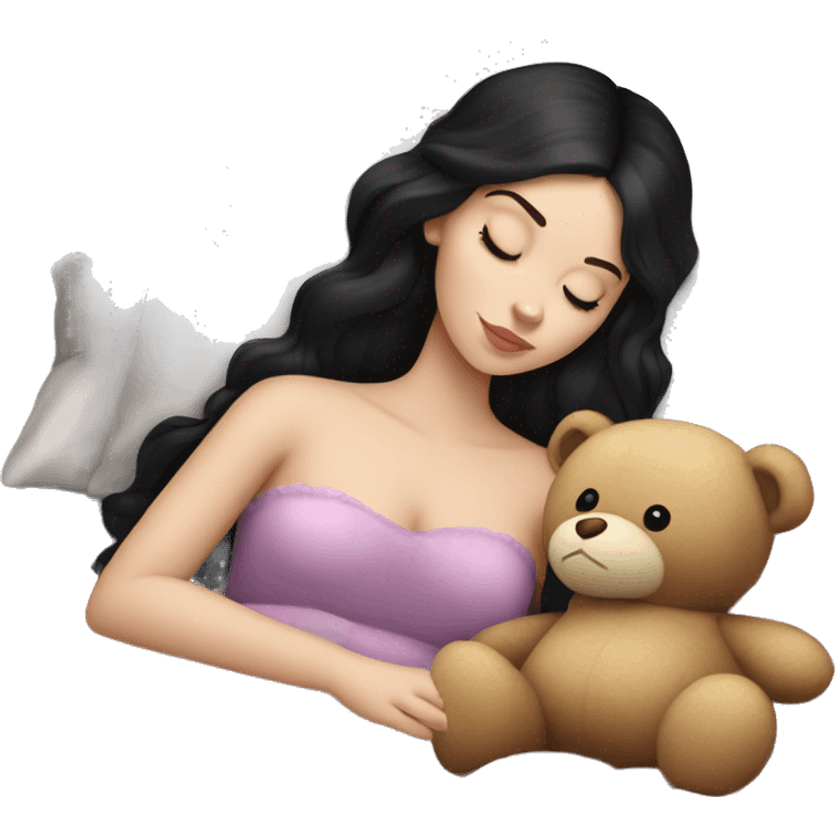 sleeping beauty dark black haired really white girl with a silk pillow and a teddy bear emoji