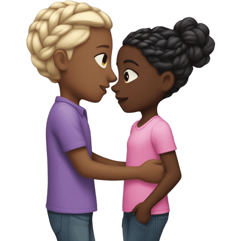 a dark skinned boy wearing a purple shirt, and silver earrings. kissing a lightskin black girl wearing a pink shirt with braids .  emoji