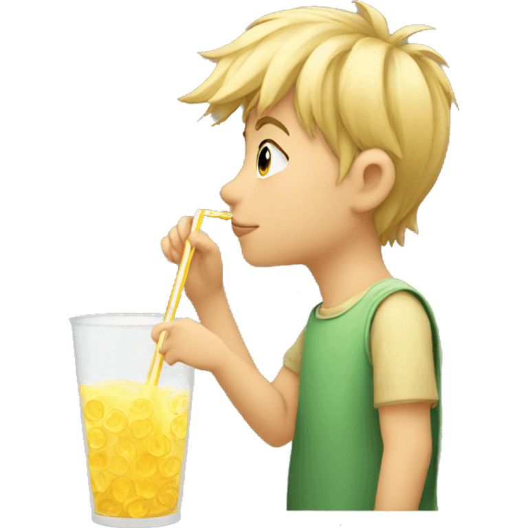 A blonde boy sucking juice with a straw, profile view emoji