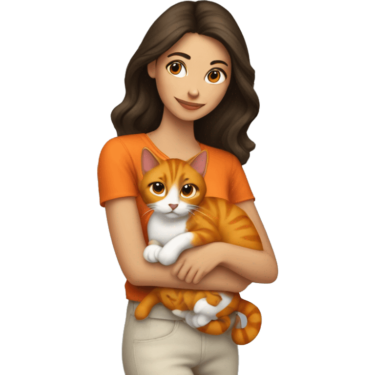 pretty brunette woman holding orange cat emoji