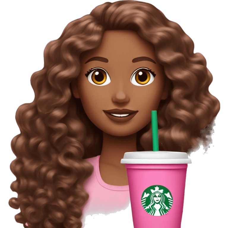 Barbie girl with brown long curly hair holding Pink starbucks refresher emoji