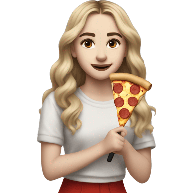 sabrina carpenter with a microphone in her right hand and a piece of pizza in her left hand emoji