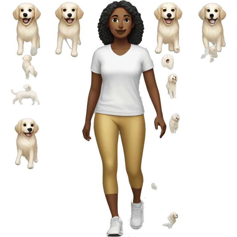 Woman wearing athleisure walking white golden retriever emoji