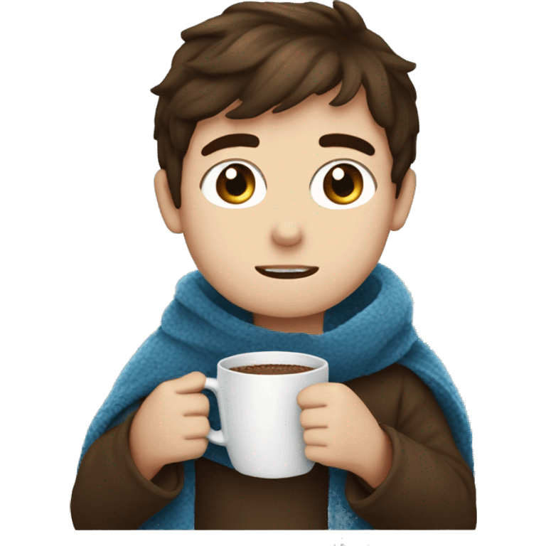 Brown hair blue eye Boy drinking coffee, with a cozy blanket emoji