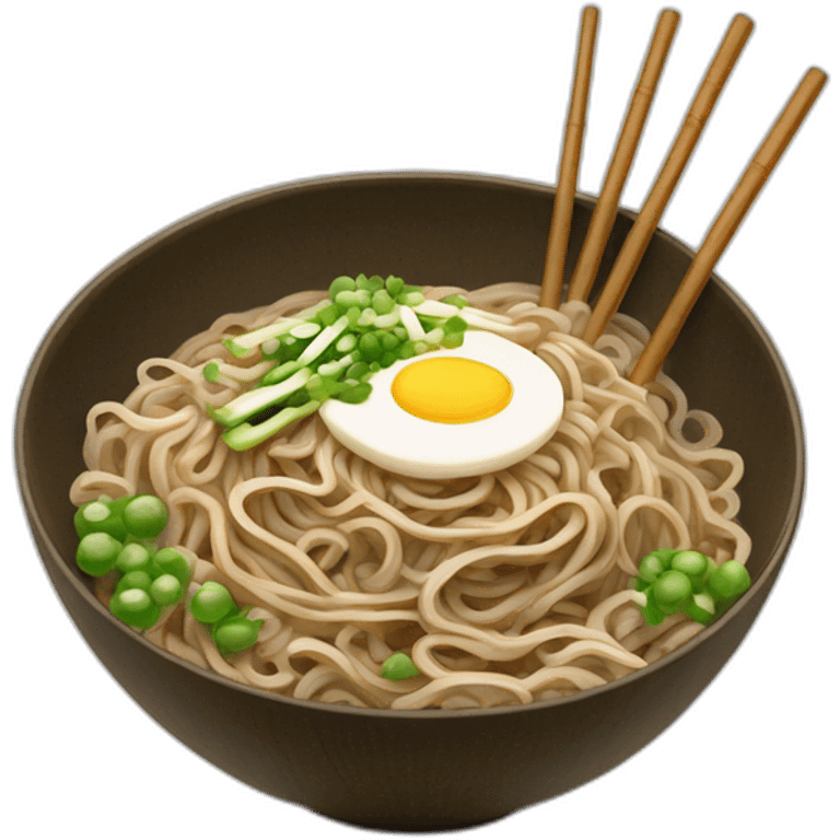 bowl of japanese buckwheat soba noodles with two chopsticks and spring onions emoji