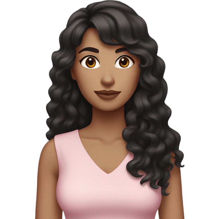 White woman with long black curly hair and bangs and dark brown eyes, wearing a pastel pink dress emoji