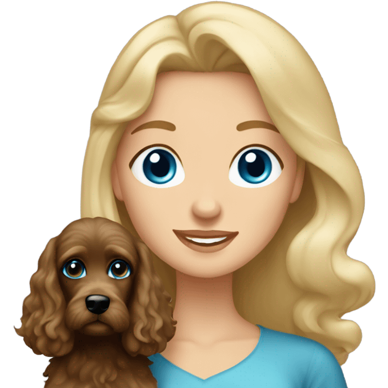 Old blue eyed blonde lady with long straight hair with dark brown Cockapoo puppy dog emoji