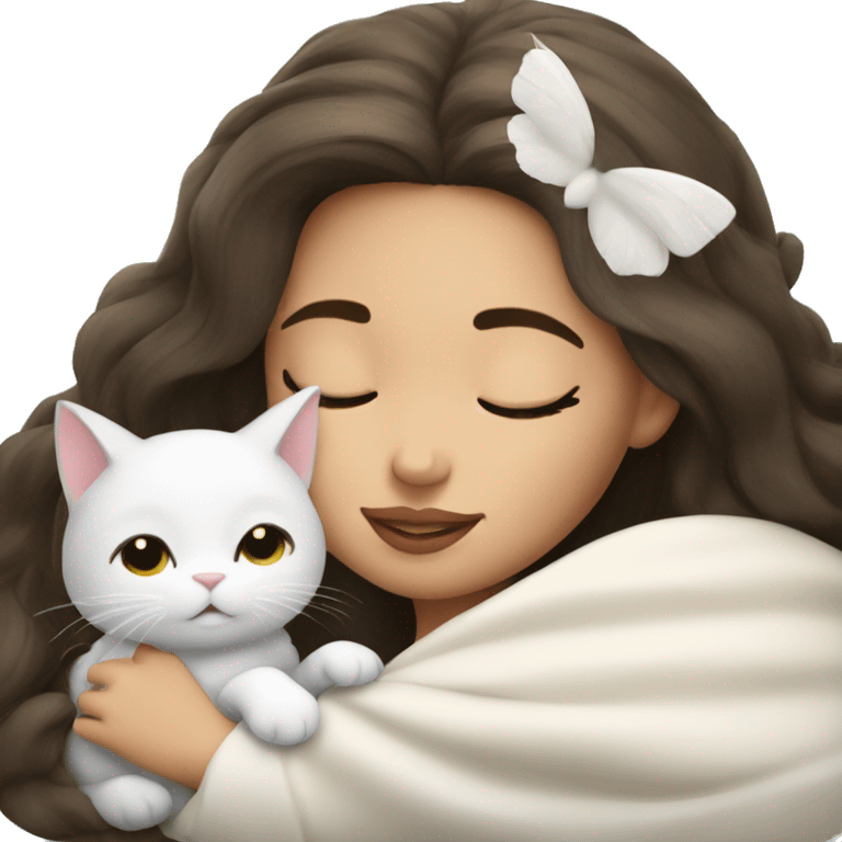 brunette Sleeping beauty girl with white kitty emoji