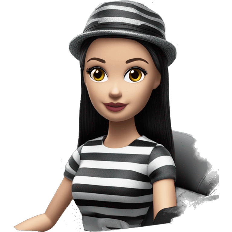 Beach Beauty Barbie, 1965 Wednesday Addams from academy, in dark-gray and black striped outfit with hat. Smiling Driving Mercedes convertible sports car  emoji