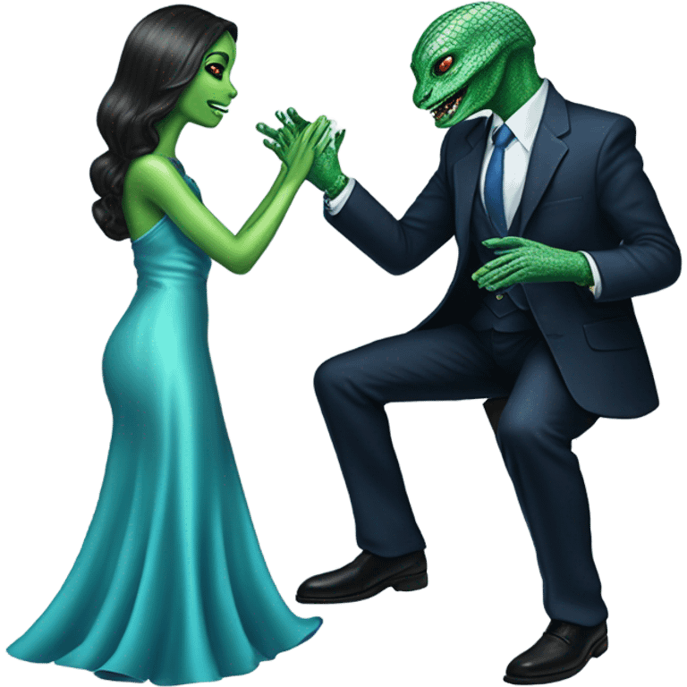 alien reptilian green skin woman, in long slim pastel blue formal party satin dress with gradient shiny sparkling navy blue diamonds embroidered , and caucasian man in black dres on his knees asks her to marry her emoji