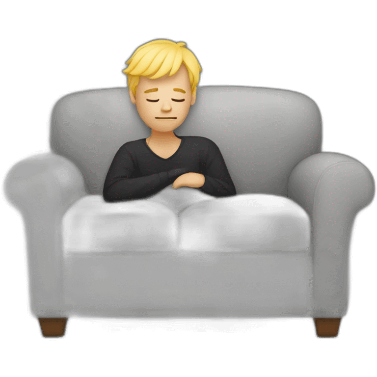 A Man with blond Hair sleeping on a Gray couch with a black blanket emoji