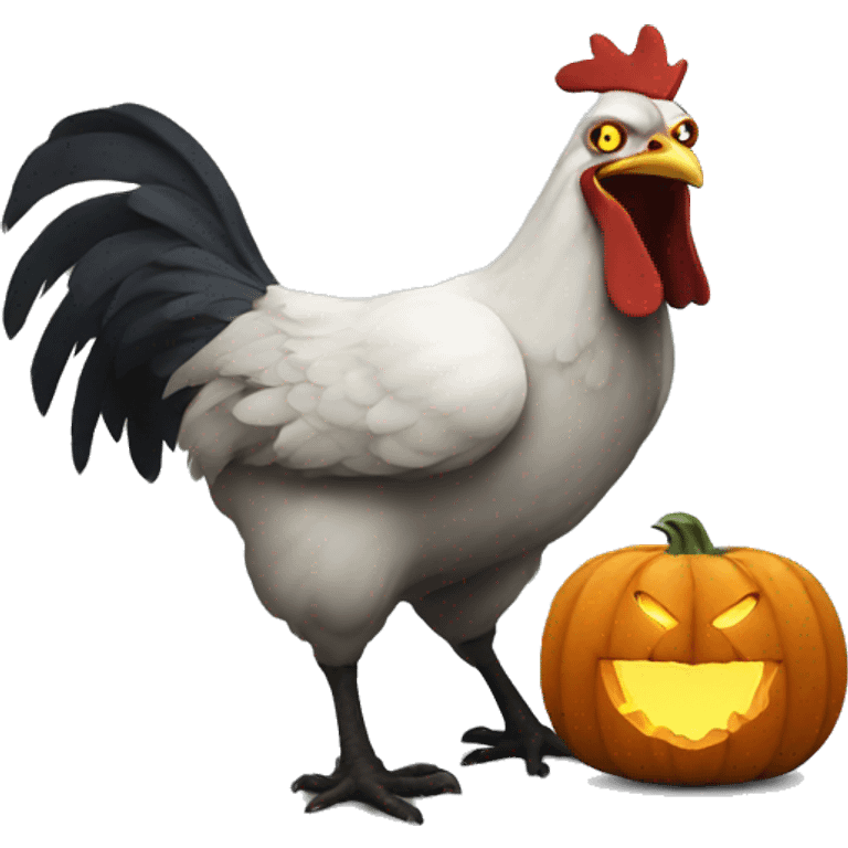 Spooky chicken attacking a pumpkin. emoji