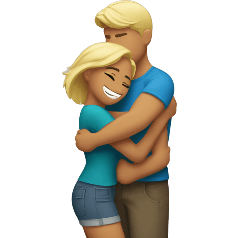 Blond man and hispanic woman hug each other emoji