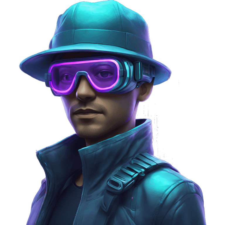 Secret human agent in a hat with  cyberpunk elements in VR googles scanning looking reviewing multicolor lines of code, cyan and purple colors, only upper body portrait emoji