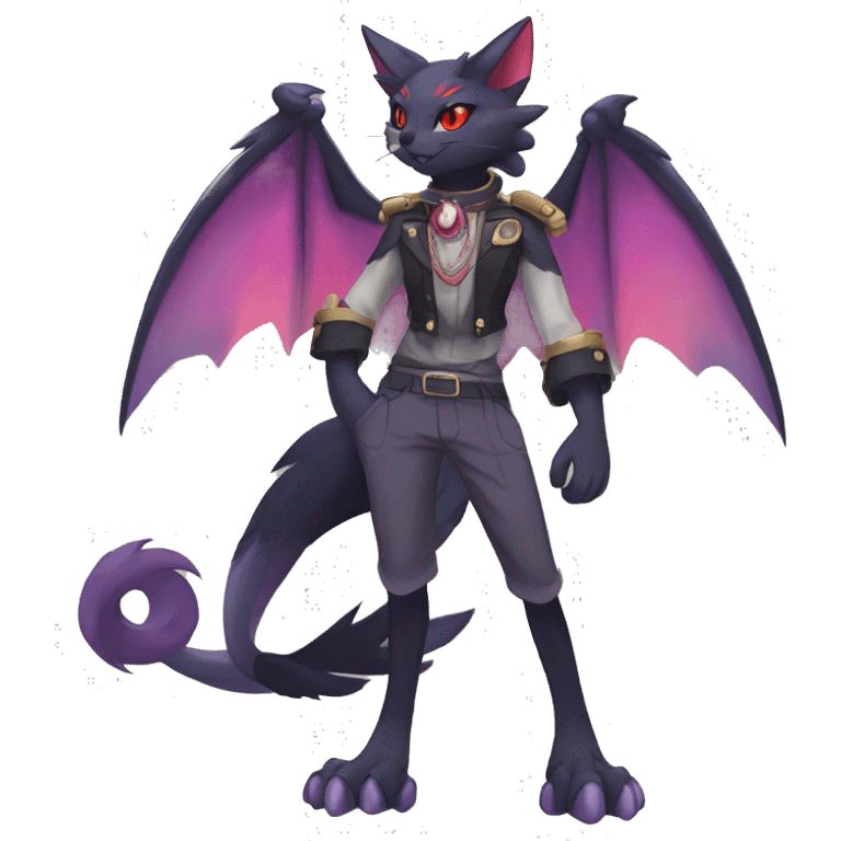 cool anthro kawaii black purple red ethereal fantasy beautiful elegant nargacuga-Noivern-cat-Fakemon wearing a collar, cargo pants, full body emoji