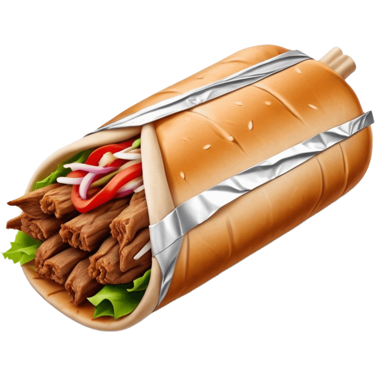 Doner Kebab Cinematic Realistic Doner Kebab Dish Emoji, depicted as iconic, spiced meat wrapped in foil and paper, rendered with lifelike textures and dynamic, appetizing lighting. emoji