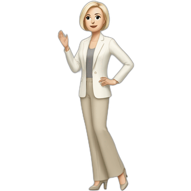 Full height Actively gesturing with hands pale skin woman with ash blonde Straightened bob Hair, White Spacious classical jacket, beige palazzo Arrow pants and gray blouse emoji