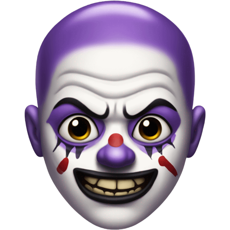 evil clown, bald top of head, purple hair on side of his head that stick out, scars on his face, black lipstick emoji