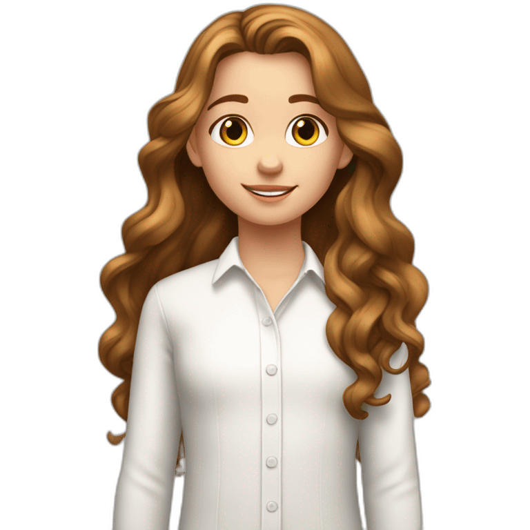 9 year old white girl with realy long brown waivy hair wearing a white shirt with black letters emoji