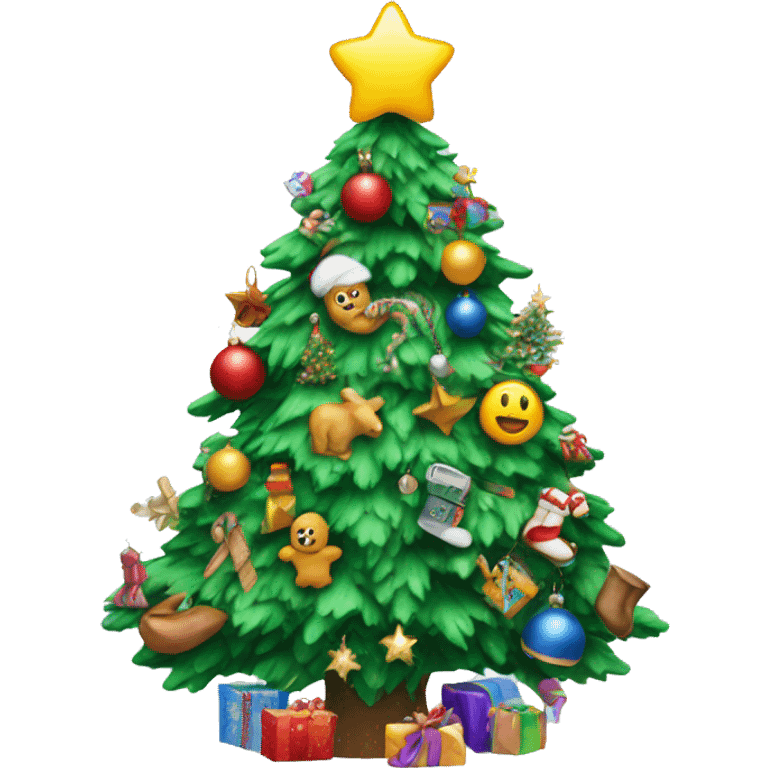 a snow Christmas tree with lot of toys on it emoji