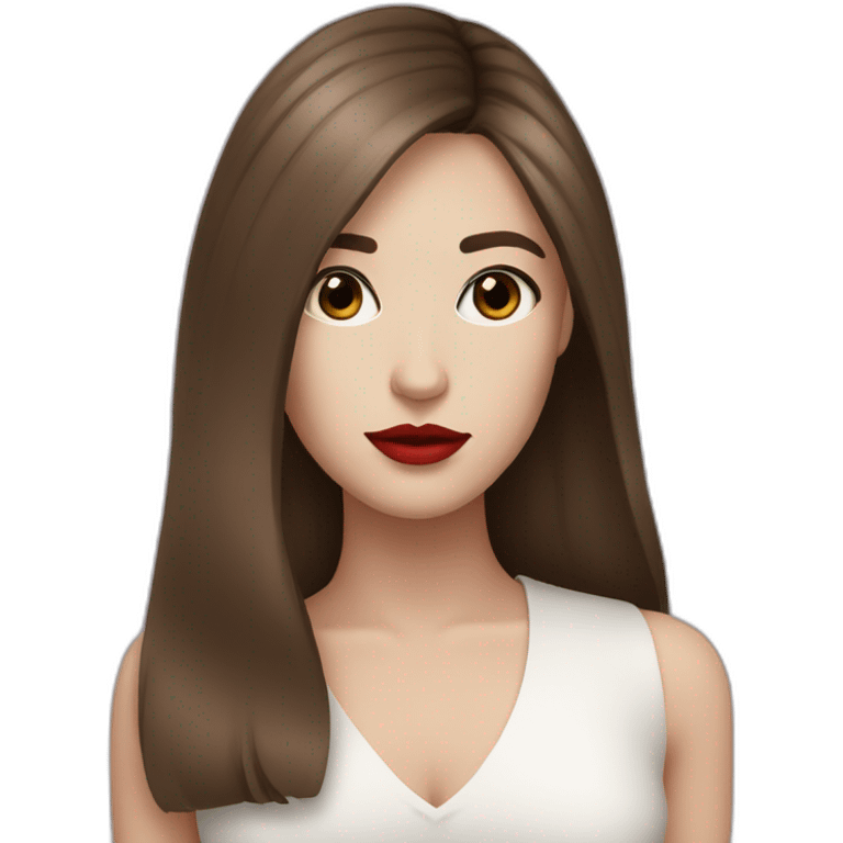 straight brown hair,red lipstick,black eyes, white skin and a small nose emoji