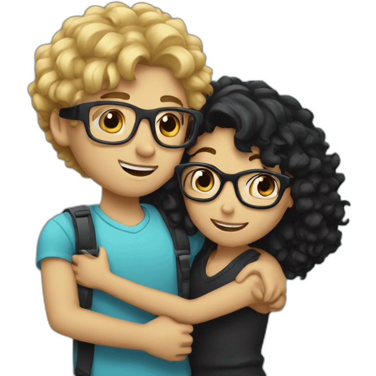 boy with curly blonde hair and glasses hugging girl with black hair and glasses emoji