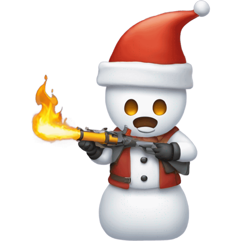 Snow man wearing a Santa hat holding a flame thrower  emoji