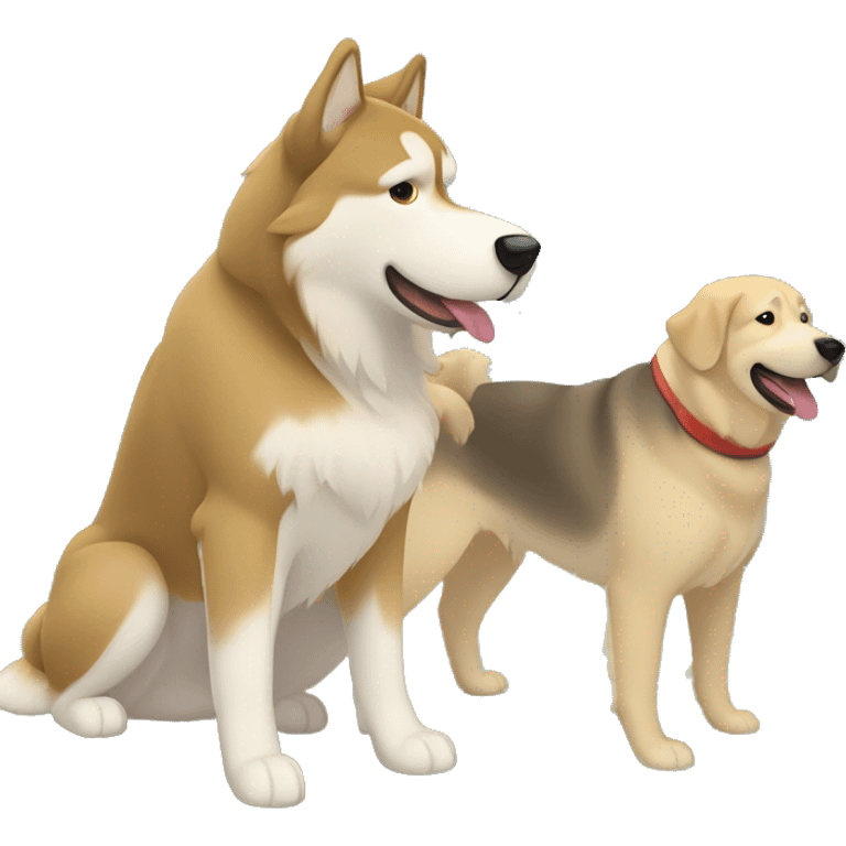 Light Brown malamute playing with a golden Labrador in the woods  emoji