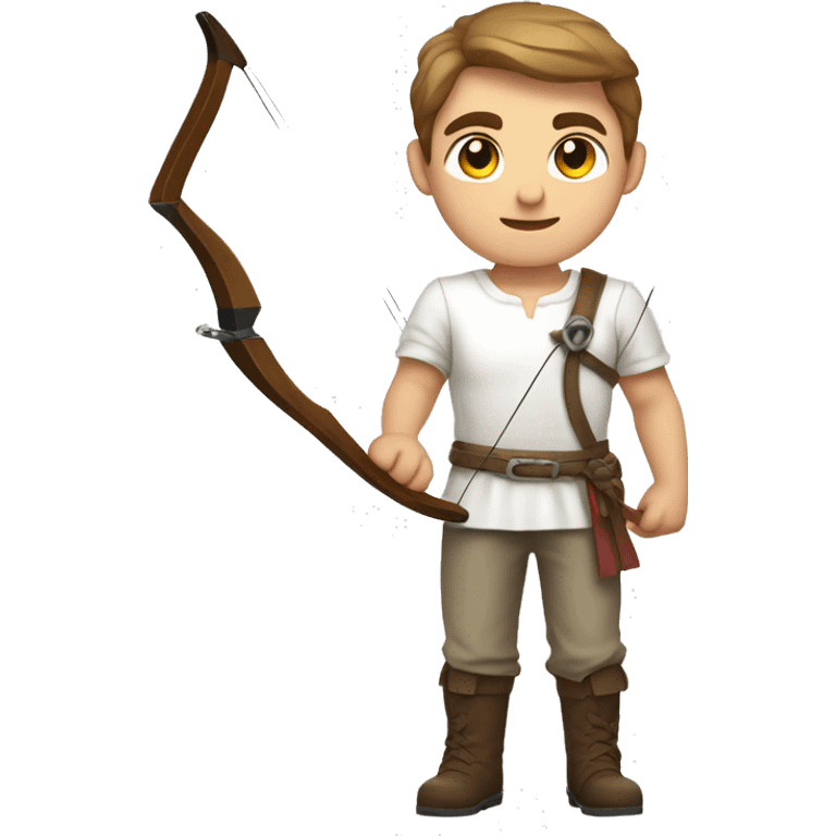 a male archer with a bow, wearing a white shirt, very short brown hair, bright skin, only show upper part of the body from waist up emoji